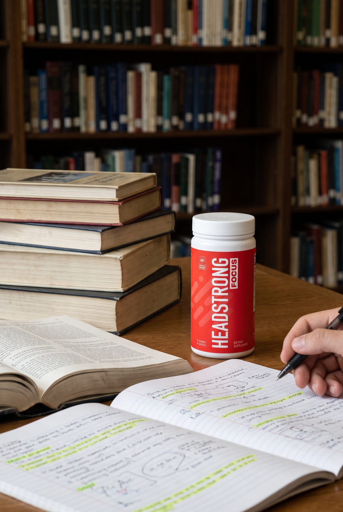 Headstrong FOCUS on a library desk during exam week