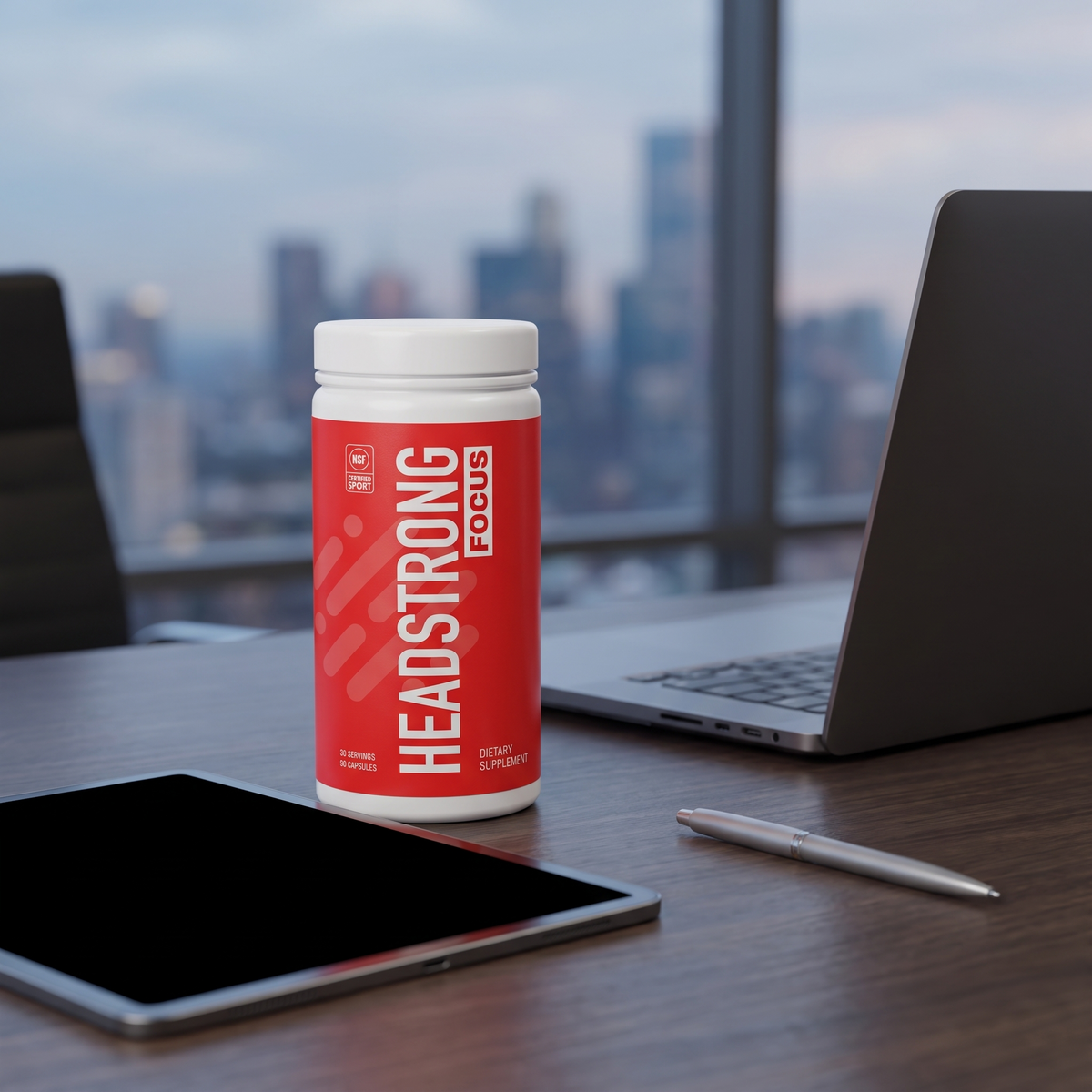 Headstrong FOCUS on an office desk at dusk