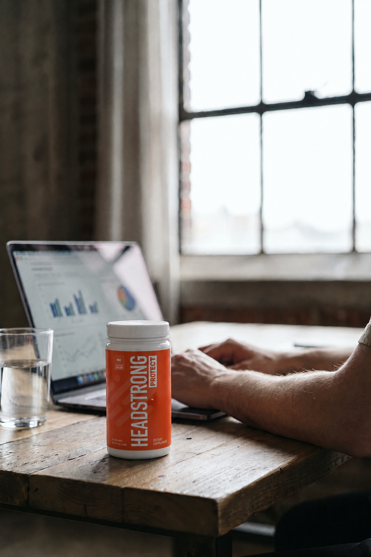 Headstrong PROTECT on a founder's desk in the morning