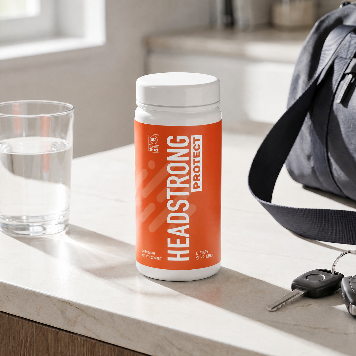 Headstrong PROTECT on a kitchen counter in morning light